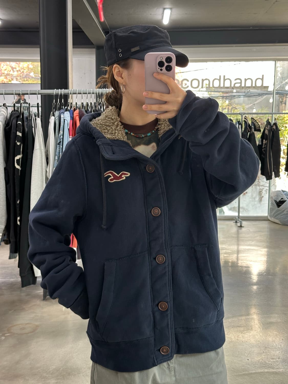 홀리스터 양털 버튼 후드점퍼 네이비 상품이미지1