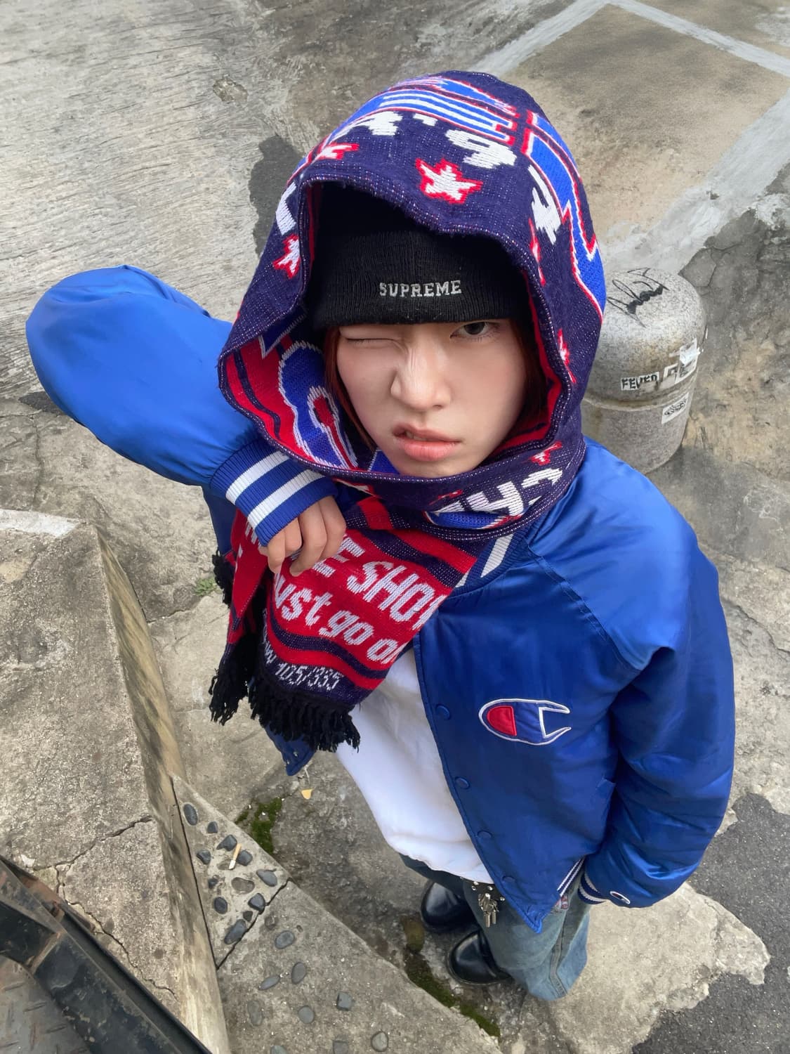 챔피온 블루 화이트 새틴 자켓 올드스쿨 스트릿 코디 세트 상품이미지1