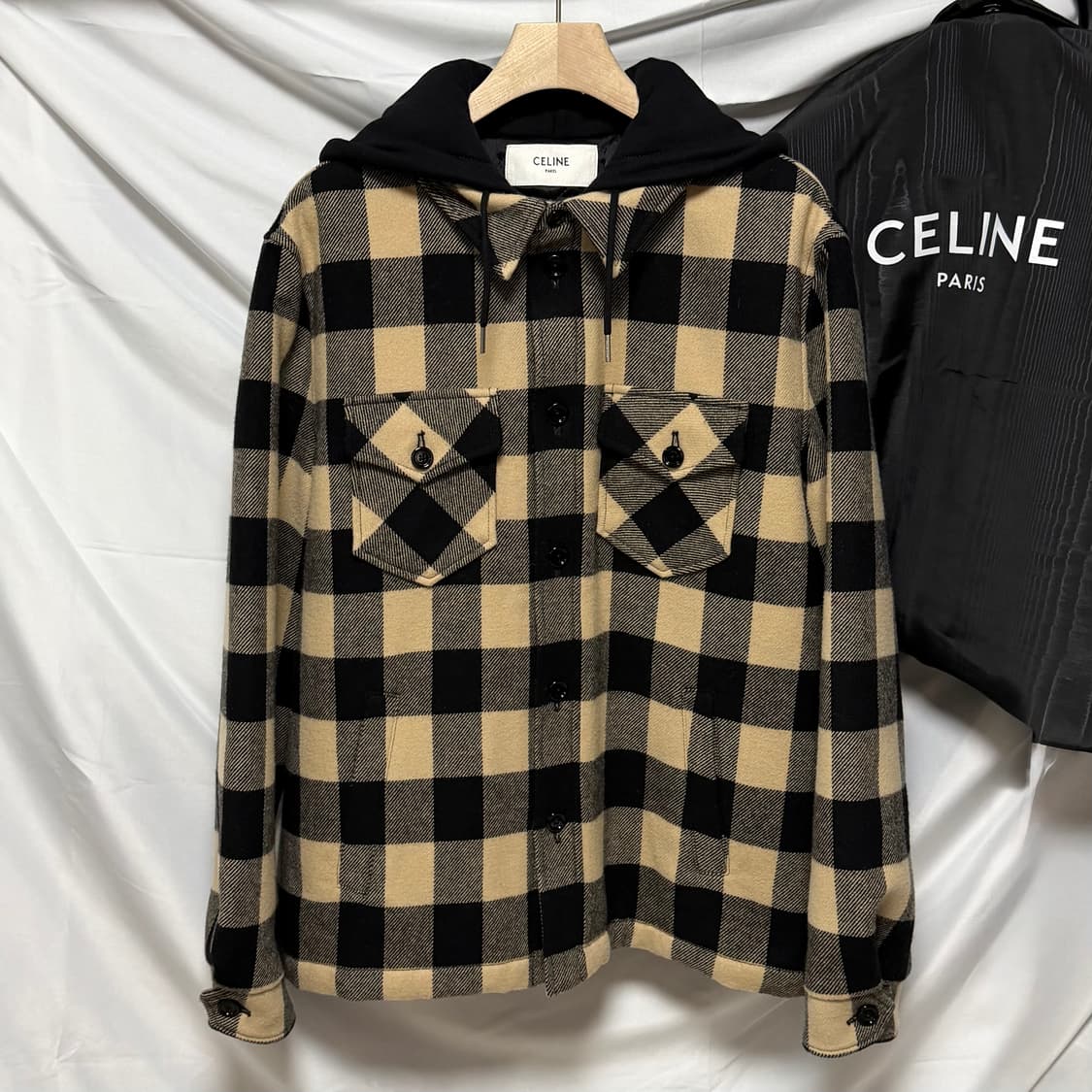 [S+급/50] 셀린느 체크 울 후드 오버셔츠 자켓 베이지 상품이미지3