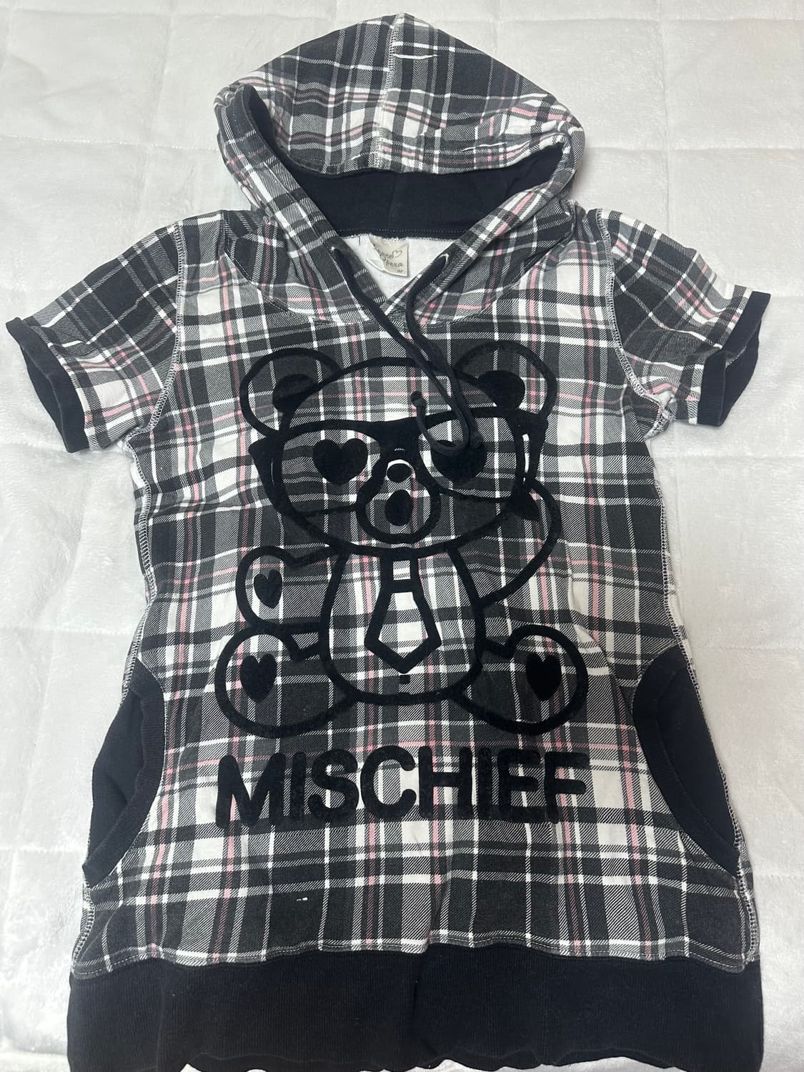  안경 곰돌이 체크 반팔 후드 갸루 상품이미지1