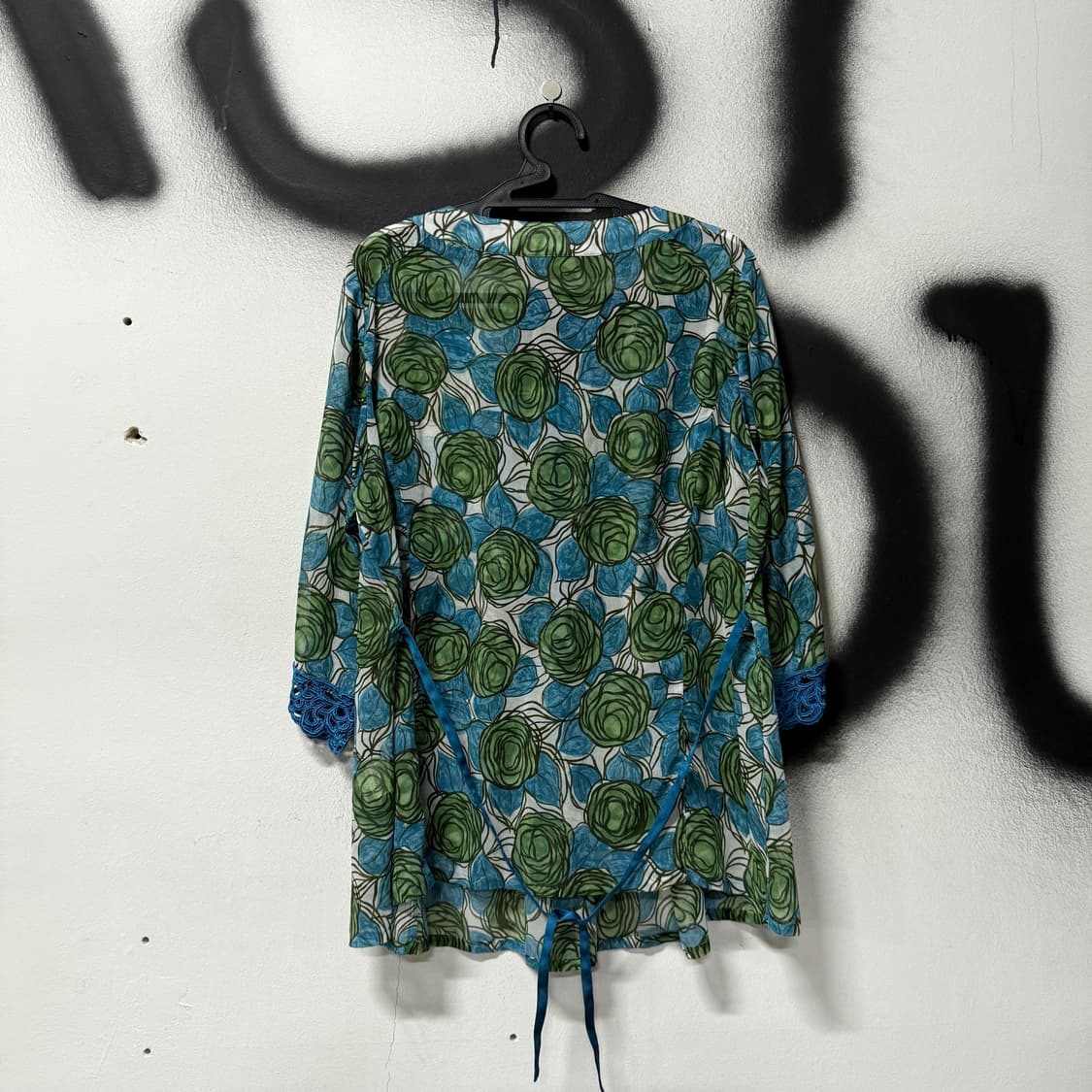 VTG 빈티지 핀턱 레이스 블루 플로럴 시스루 셔츠 블라우스 상품이미지2