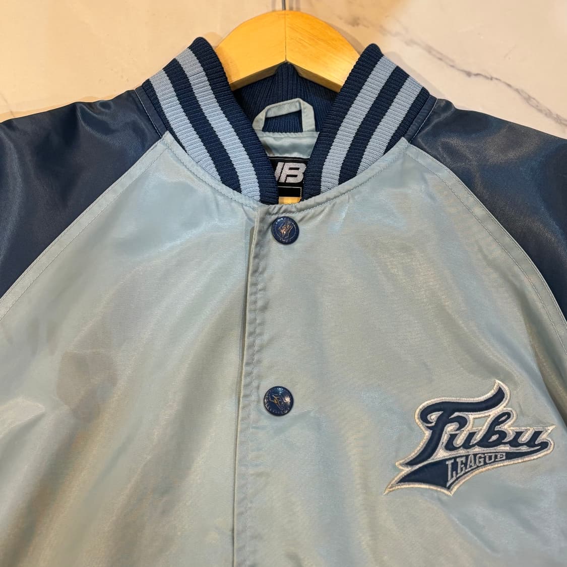 후부 백로고 올드스쿨 바시티 자켓 배색 야구잠바 하늘색 상품이미지3