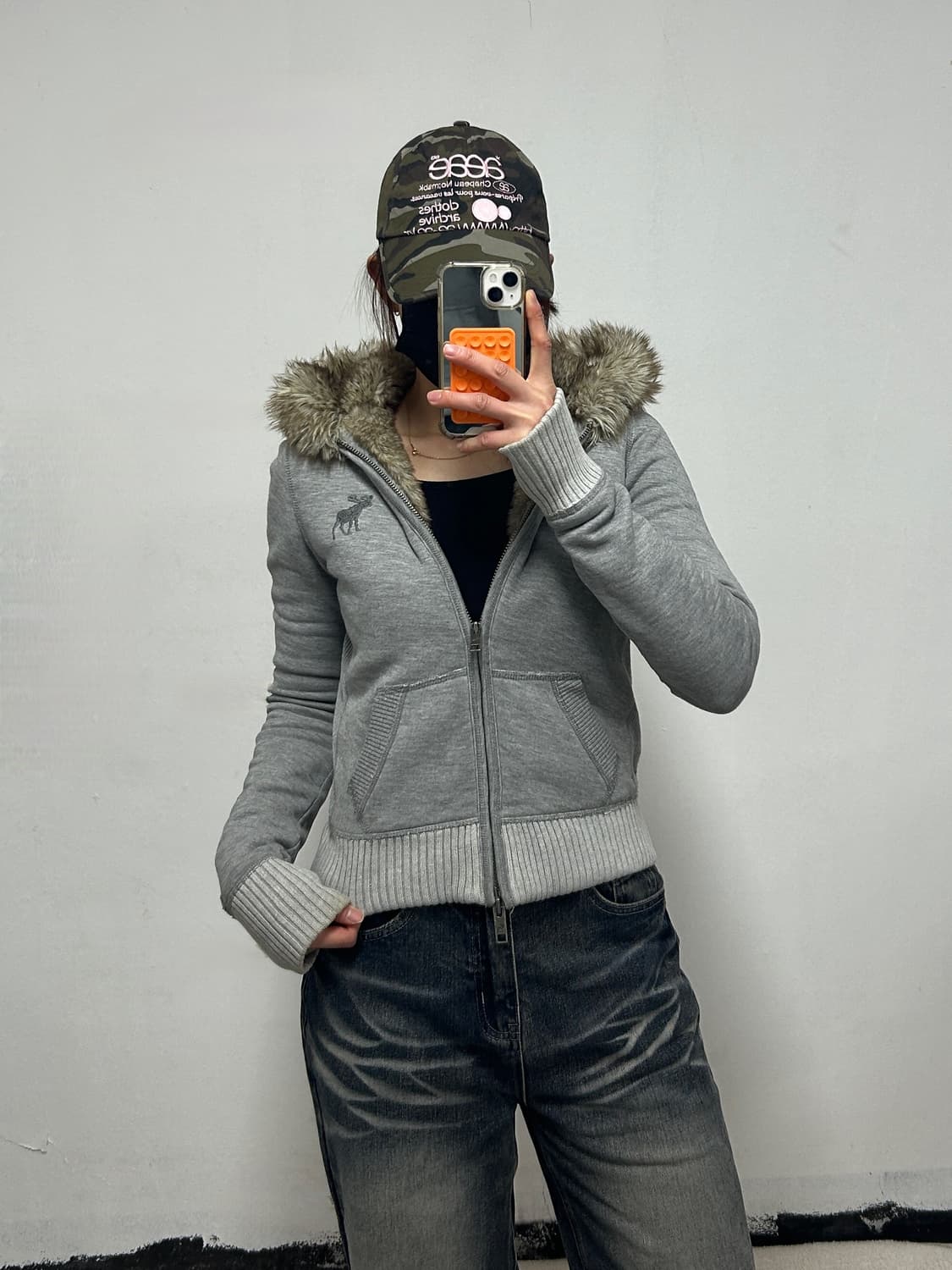 아베크롬비 자수로고 울프죠 투웨이 후드집업 그레이 상품이미지1