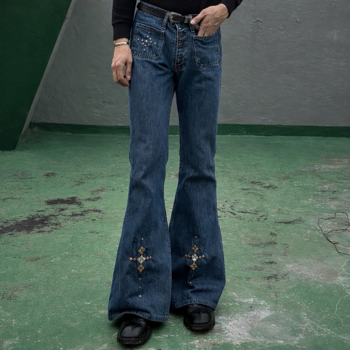 빅존 히피 스터드 커스텀 벨바텀 플레어 데님팬츠 32 부츠컷 상품이미지1