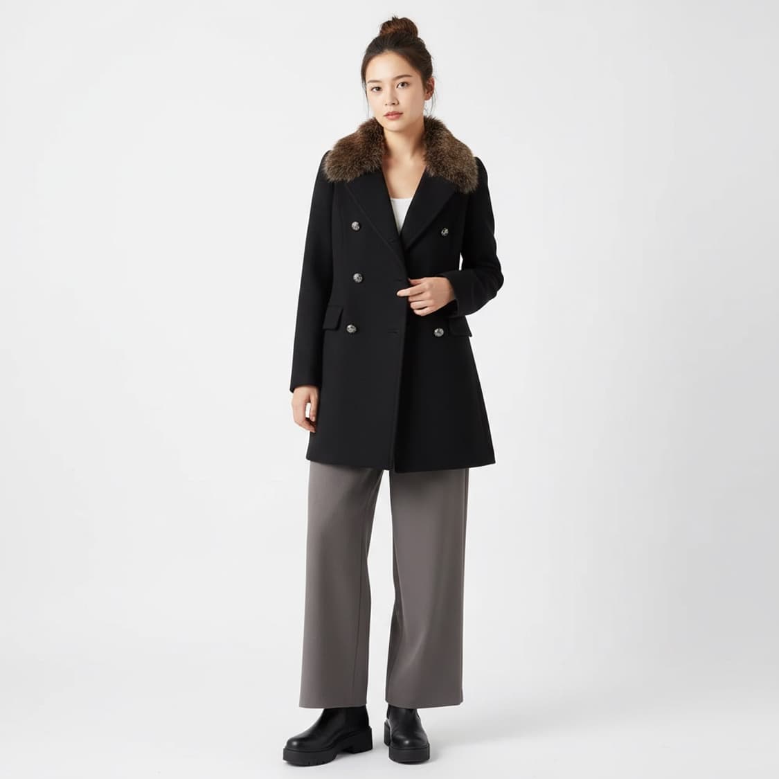 [85-91/44~55] 모조에스핀 코요테 퍼 블랙 코트 여성 빈티지 상품이미지1