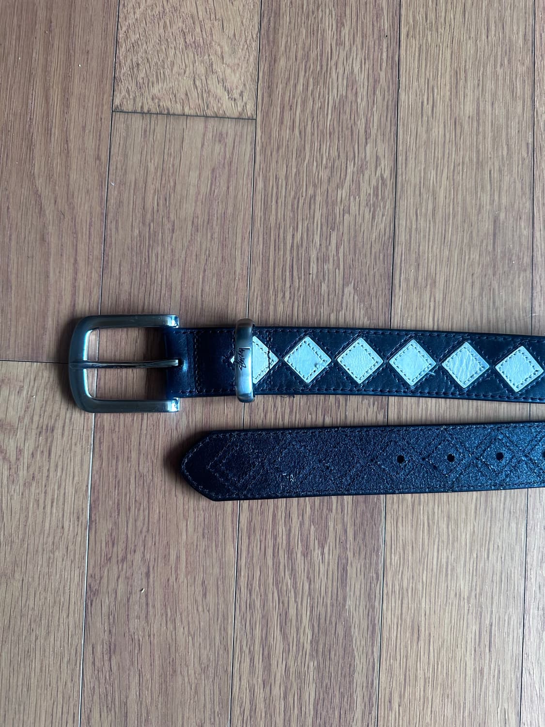 [L/XL] 스투시 아가일 스트치 레더 벨트 블랙 상품이미지2