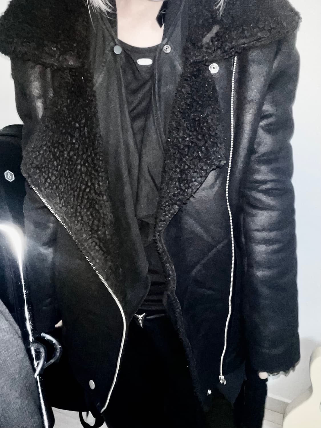 하이넥 벨티드 사선지퍼 시어링 자켓 무스탕 블랙 00s Vkei 락시크 상품이미지5