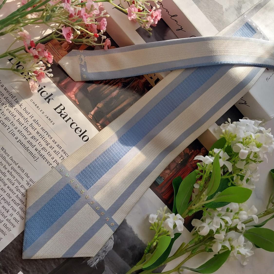 엠씨엠 실크 화이트 스트라이프 넥타이 9.4cm A+등급 K2005 상품이미지4