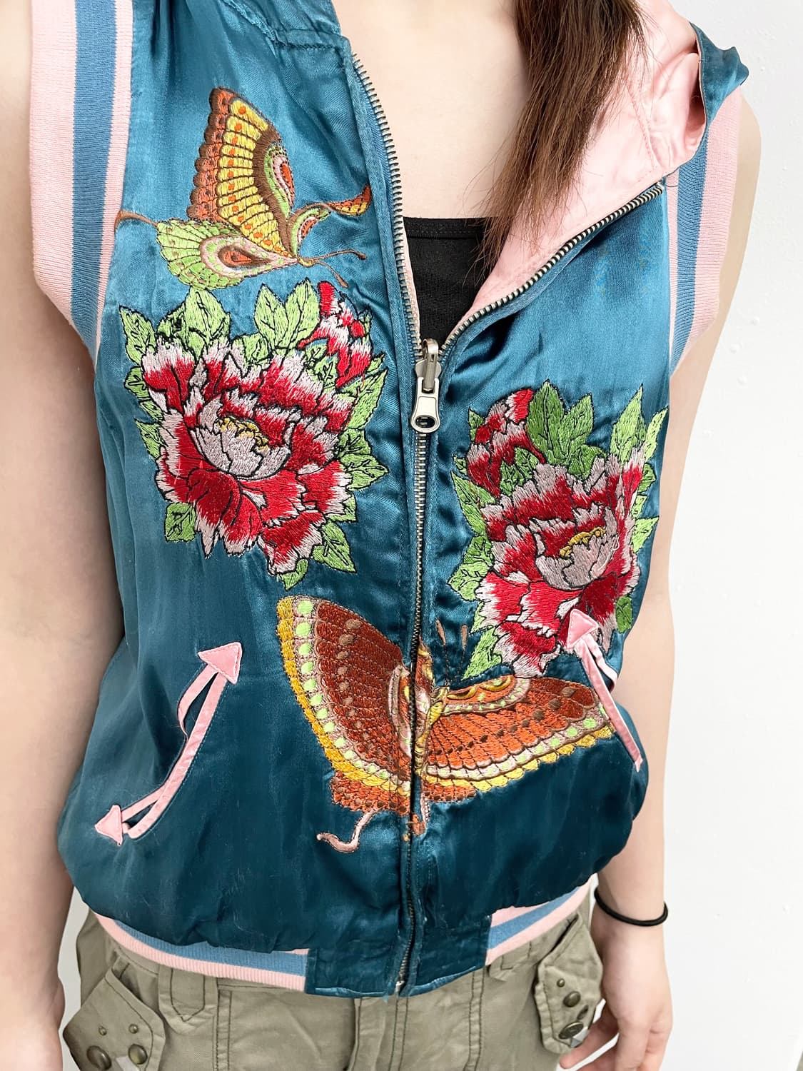 JPN 새틴 오리엔탈 자수 후드 베스트 스카잔*레어 상품이미지2