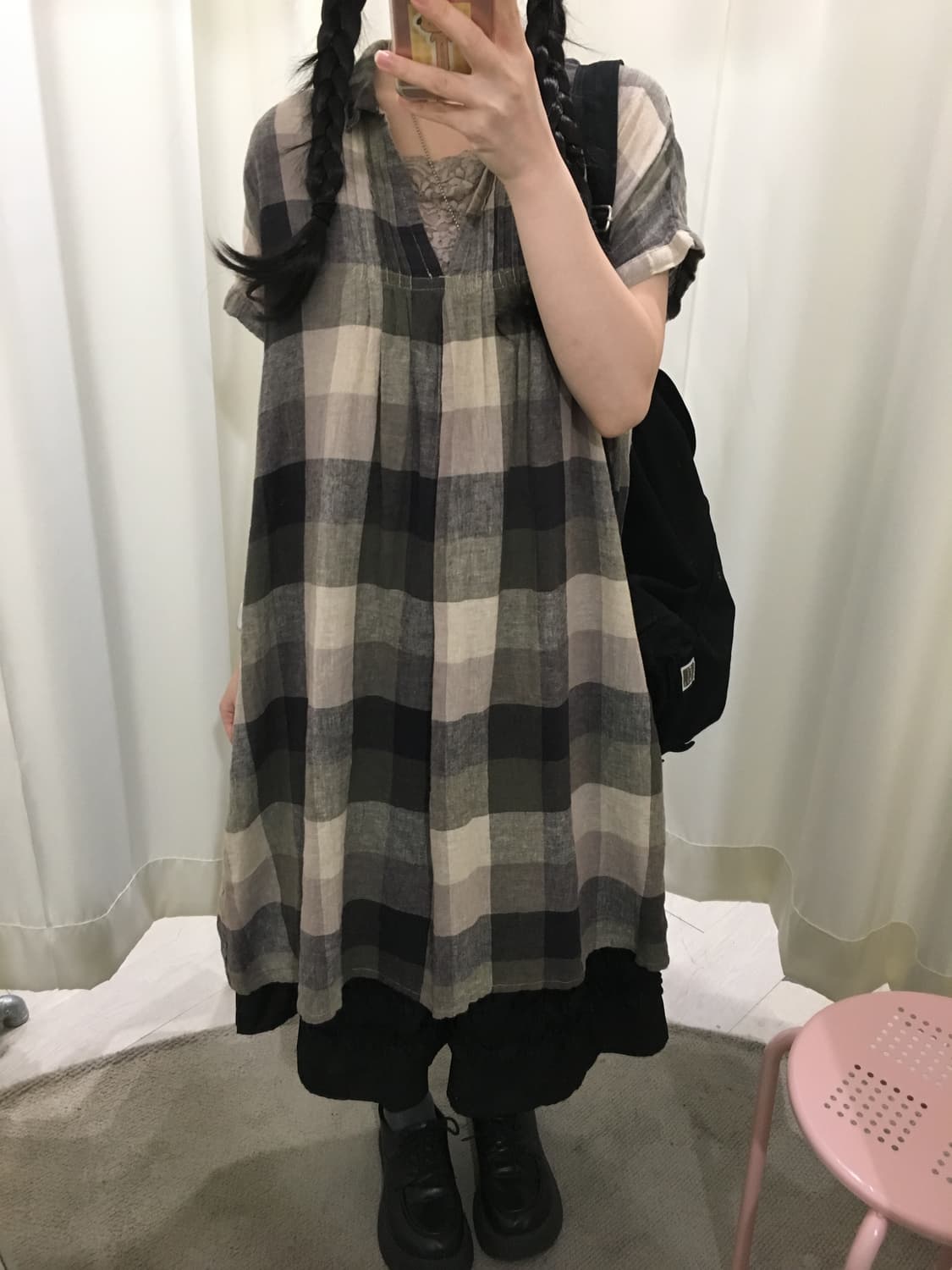 모리걸 브이넥 체크 원피스 상품이미지1