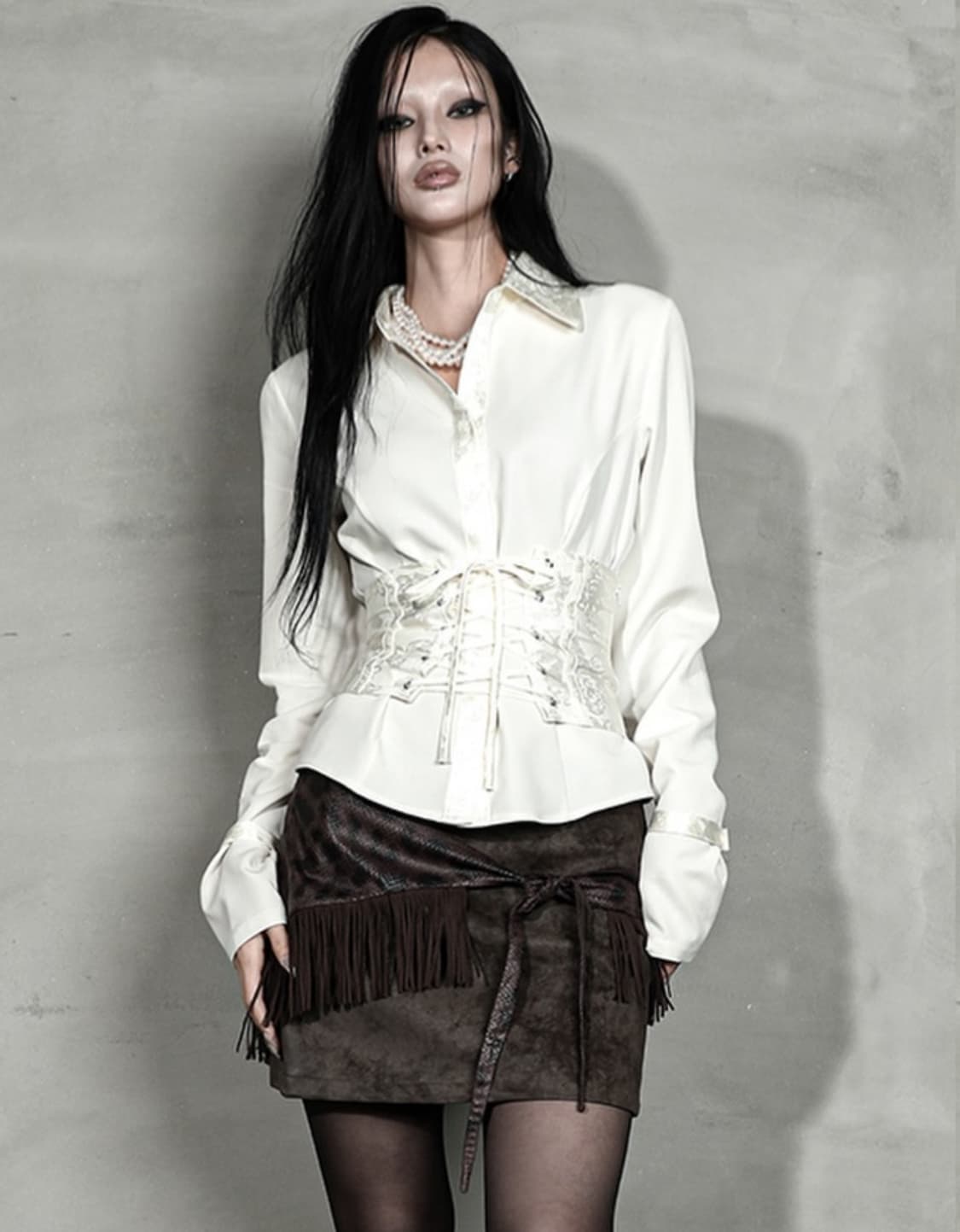 SATIN MIX CORSET SHIRT #IVORY JACQUARD 상품이미지1