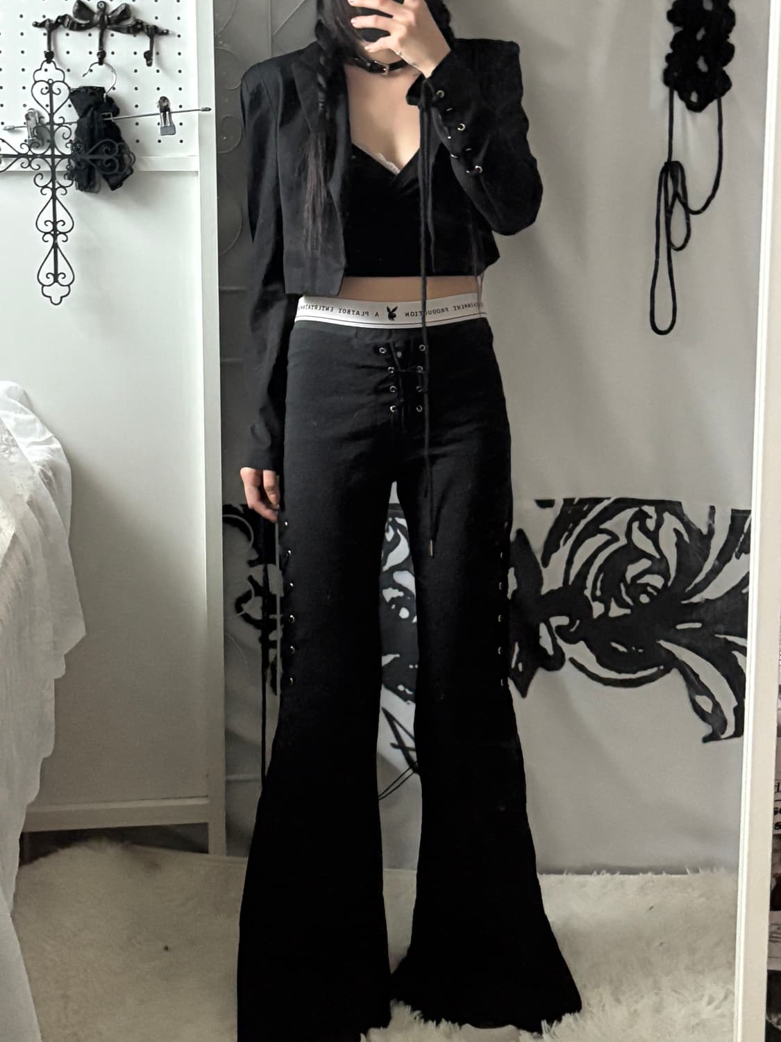 • Black eyelet bootcut pants 상품이미지1