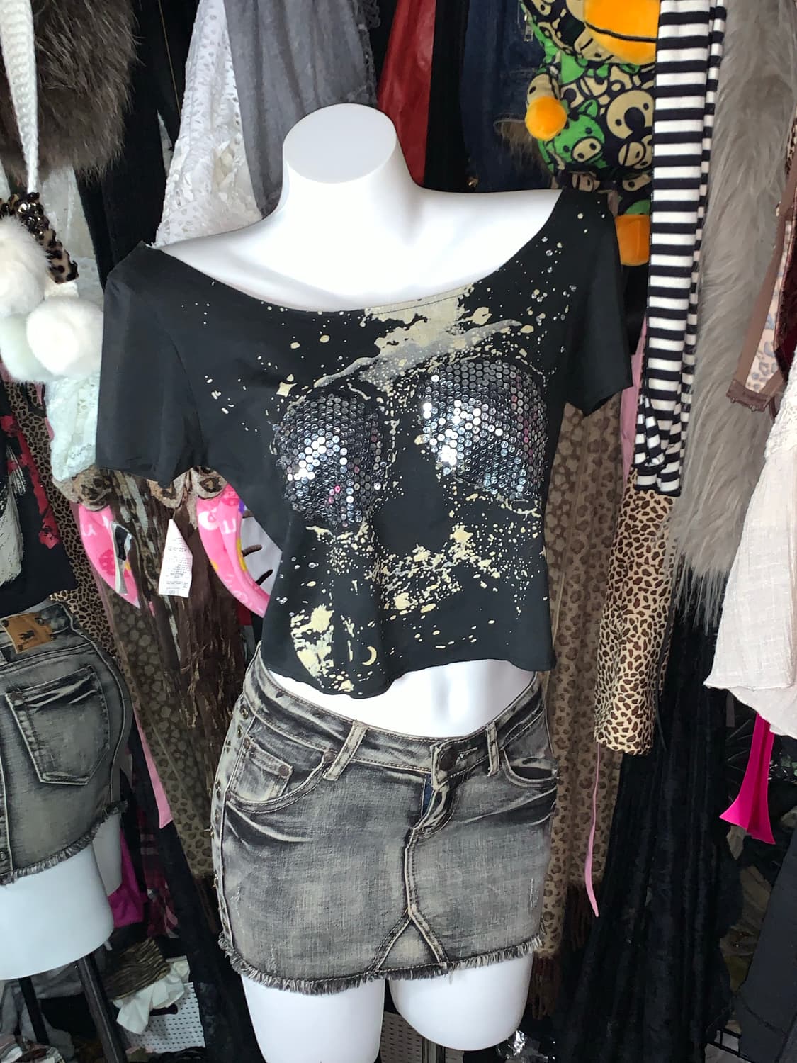 펑크 그런지 emo 오프숄더 스컬 크롭탑 상품이미지3