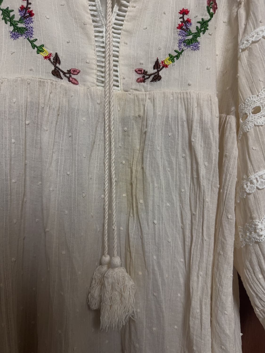 모리걸 하구미 아오이유우 빈티지 아이보리 꽃 자수 레이스 도트 원피스 상품이미지4