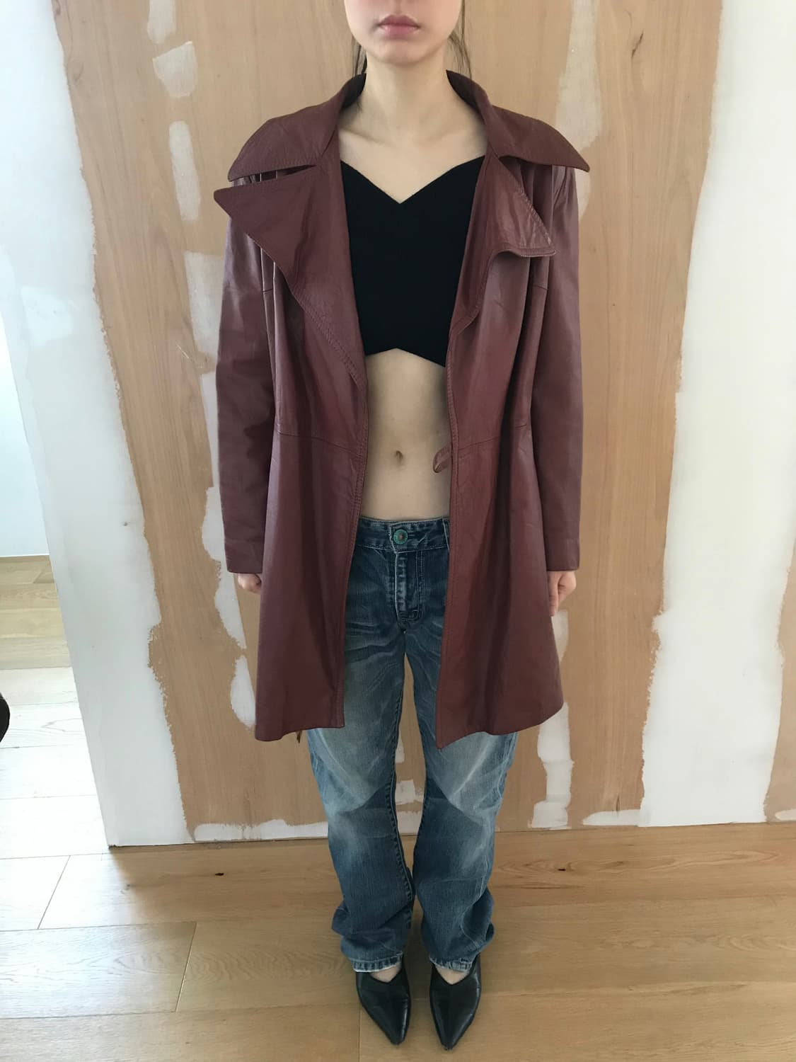 vintage burgundy belt leather jacket 상품이미지2