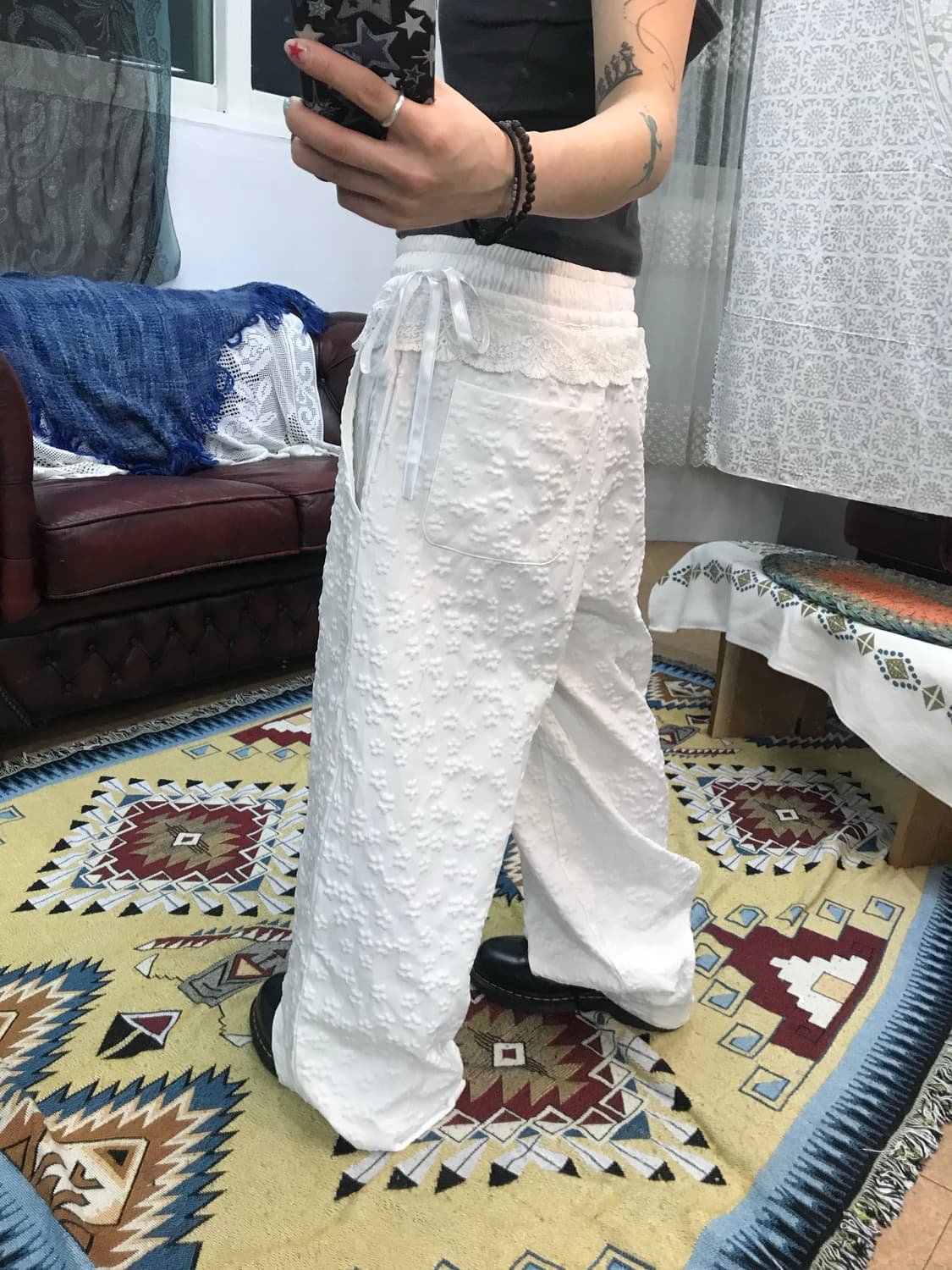 여성 플라워패턴 화이트 밴딩 레이스 트레이닝팬츠  상품이미지2