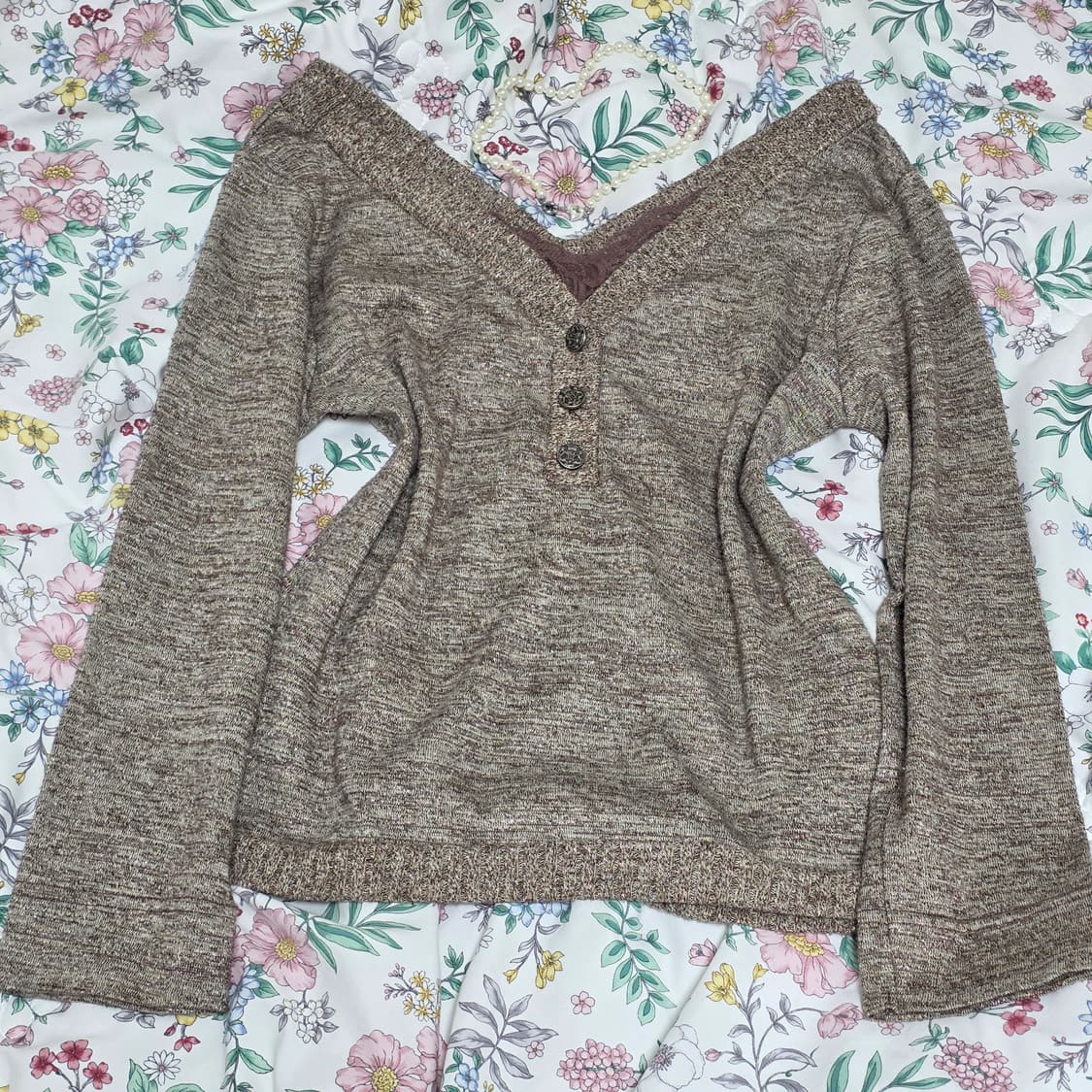 일본빈티지)브라운 모리걸 레이어드 레이스 메탈글리터너드걸 니트롱슬리브 상품이미지1