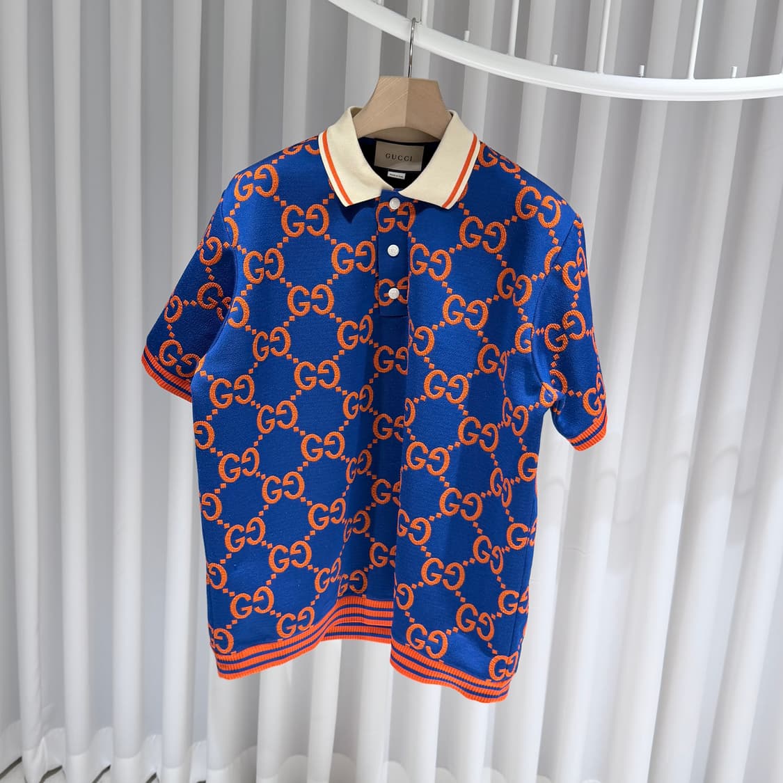 (S/L) / 구찌 GG 자카드 코튼 폴로 반팔 셔츠 블루 오렌지 상품이미지2