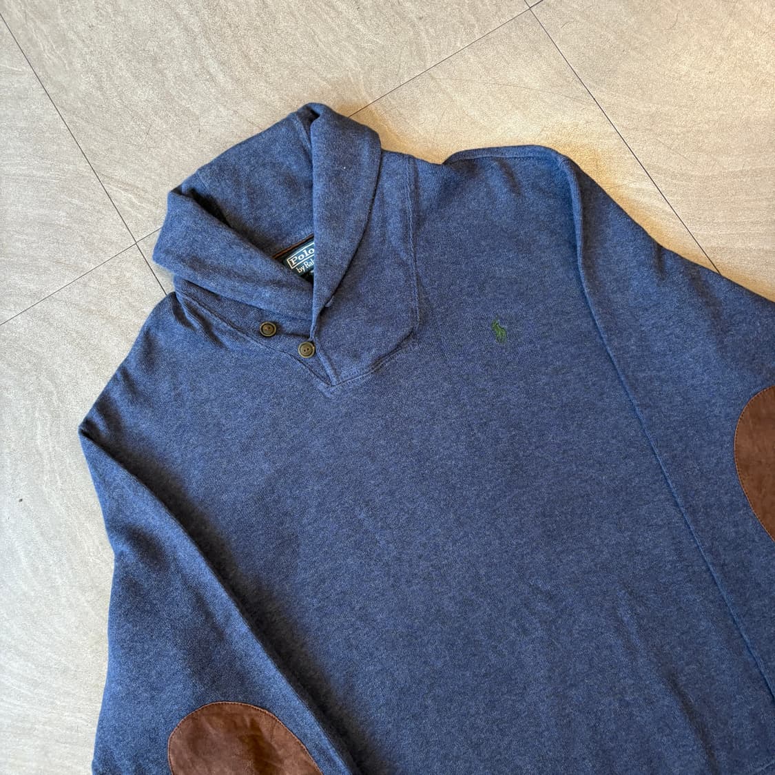 폴로 네이비 코튼 숄카라 엘보우 패치 니트 상품이미지2