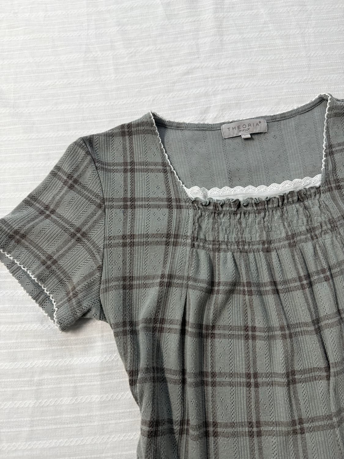 레이스 넥 펀칭 체크 패턴 민트 브라운 블라우스 스커트 2pcs SET 상품이미지7