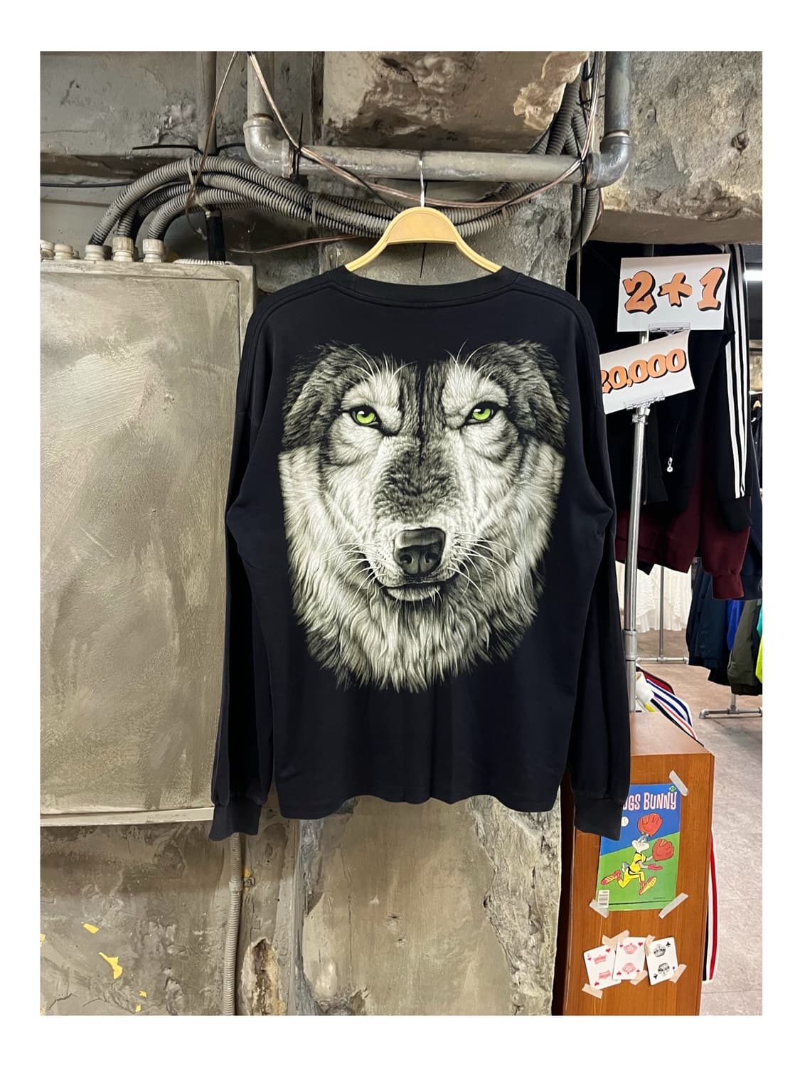 빈티지 울프 프린팅 긴팔티 블랙 XL #csz3661 상품이미지1