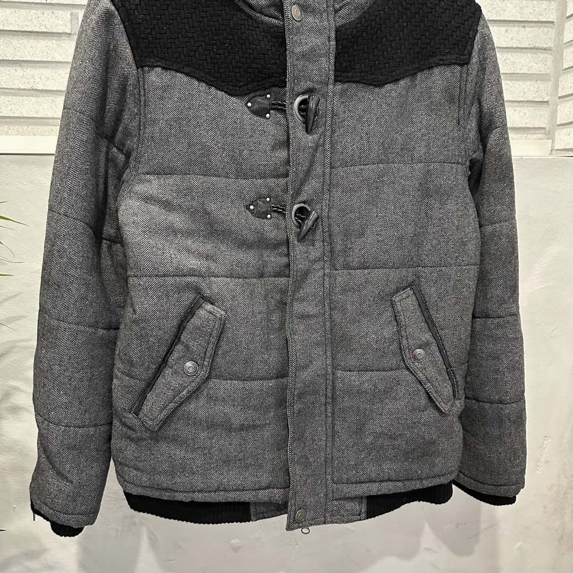 JPN VINTAGE 후드 패딩점퍼 헤링본 패턴 하이넥 디테일 그레이 상품이미지4