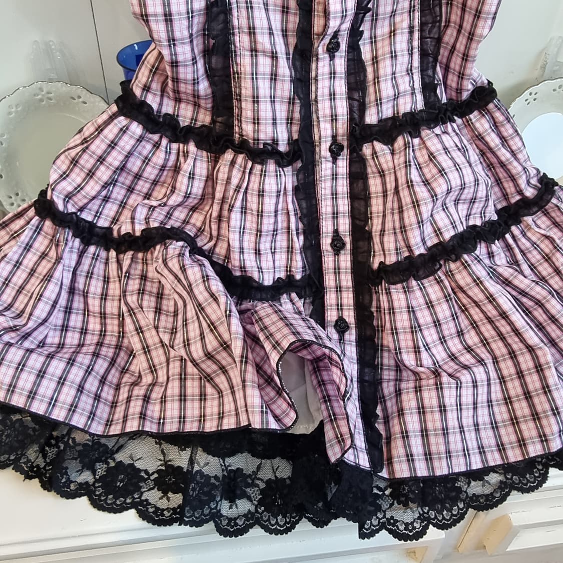 블랙핑크 체크 레이스 코르셋 원피스 상품이미지5