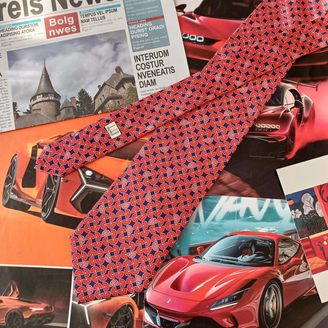 던힐 실크 레드&네이비 과일 시계 넥타이 9.6cm A+등급 A19034 상품이미지3