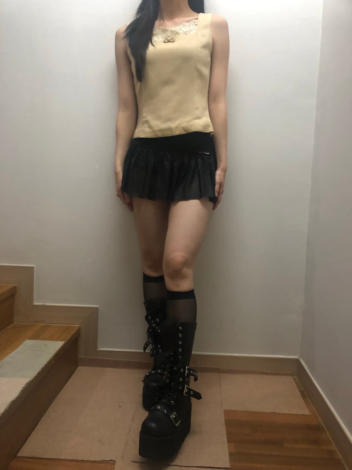 빈티지 베이지 리본 슬리브리스 상품이미지4