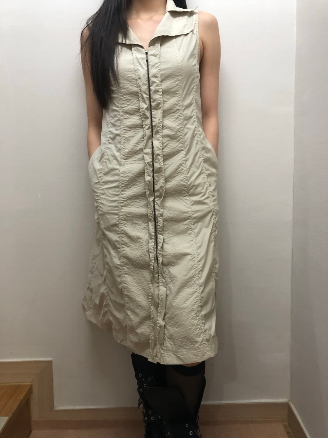 빈티지 베이지 셔링 롱 원피스 상품이미지5