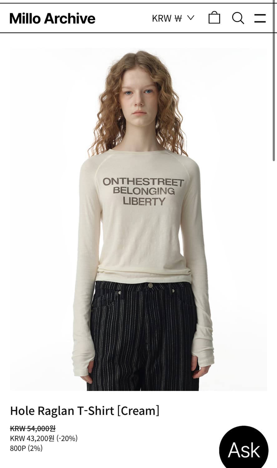 밀로우먼 홀 레글런 티셔츠 아이보리 상품이미지1