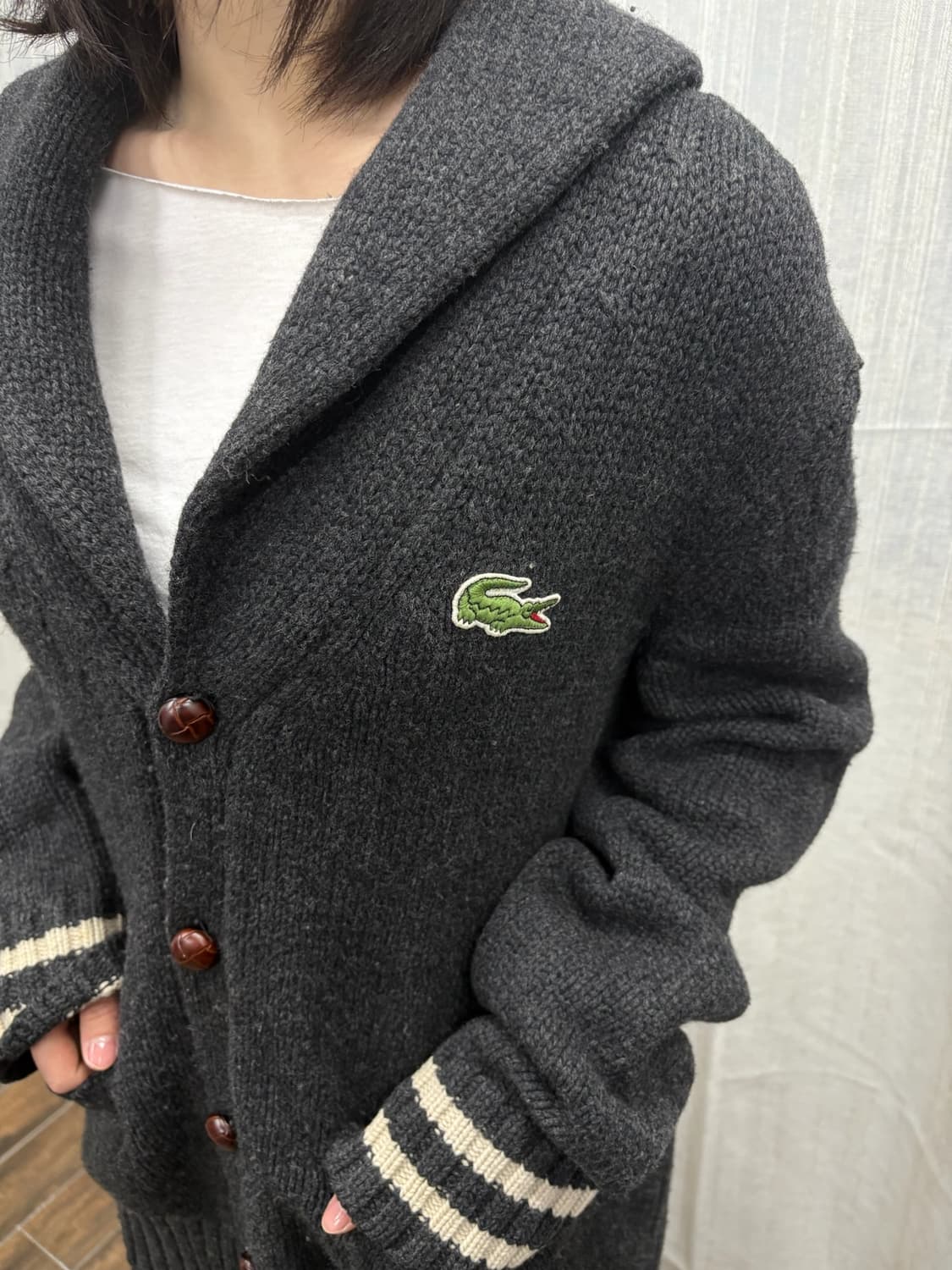 라코스테 차콜 모직 니트 숄카라 가디건 상품이미지2