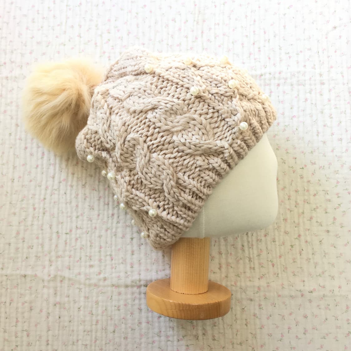 JPN/ 털방울 진주 니트 핸드메이드 비니 갸루비니 라떼갸루 상품이미지3