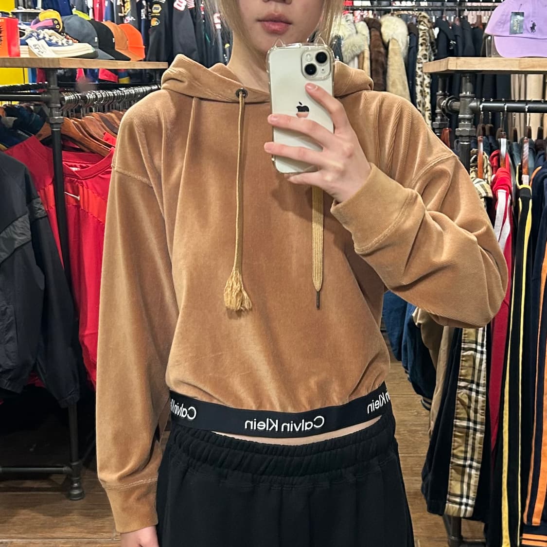 [HI] 캘빈 클라인 세미 크롭 골덴 후드티 브라운  상품이미지2