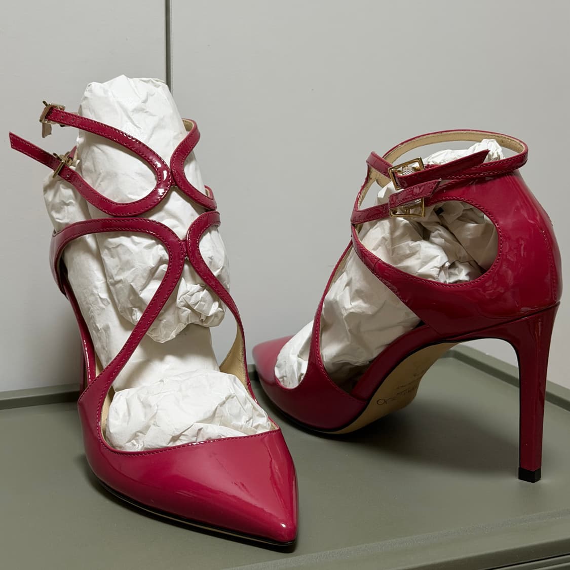 정품 지미추 핫핑크 페이턴트 스트랩 스틸레토 힐 37.5 상품이미지1