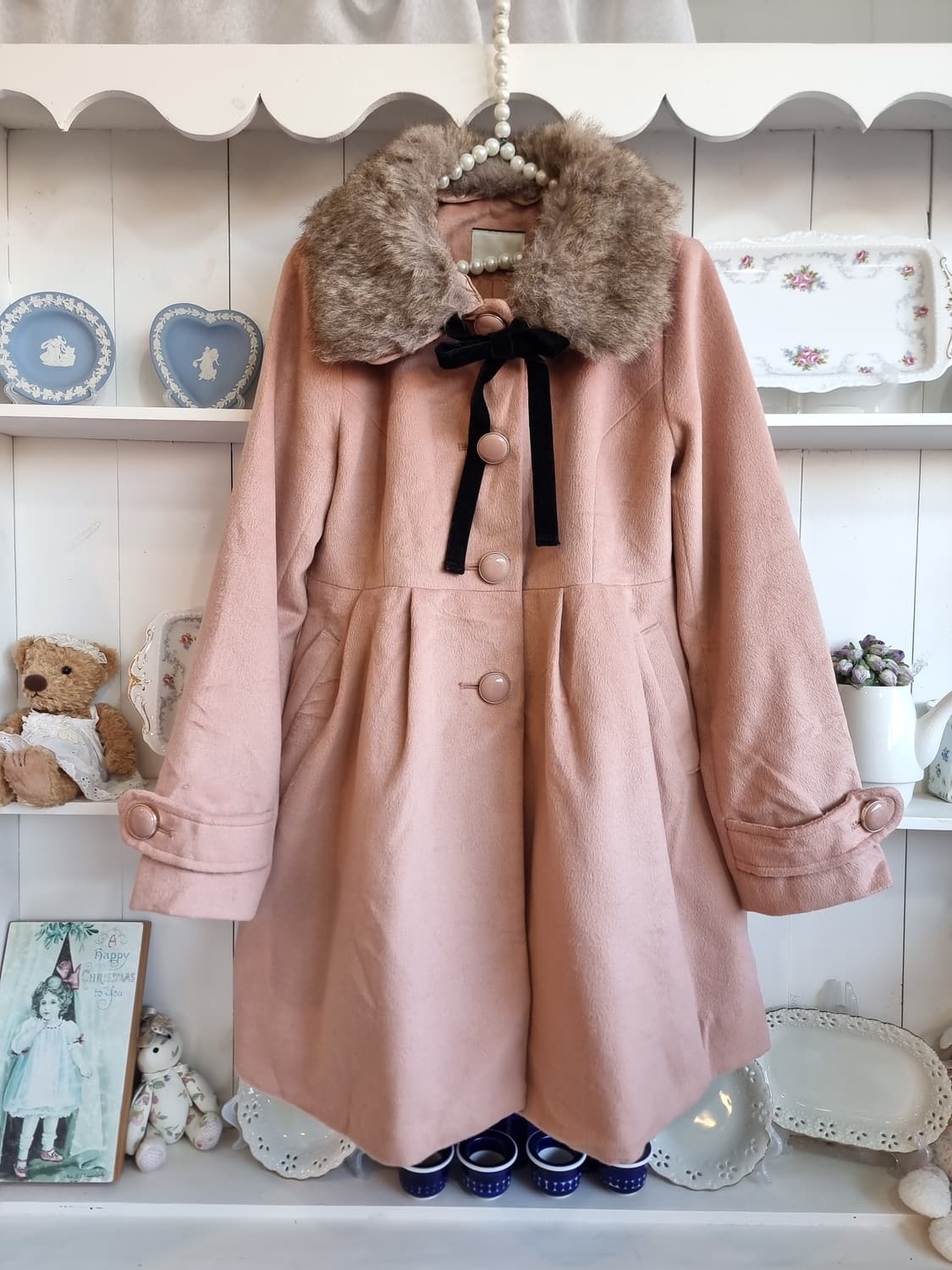 핑크 퍼 카라 리본 코트 상품이미지1