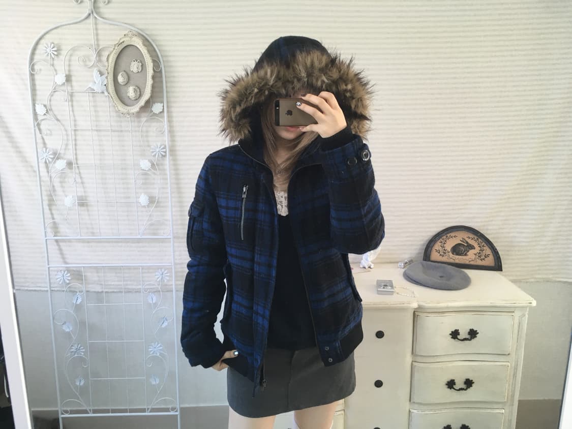 일본빈티지 블루 블랙 체크 후드 패딩 점퍼 상품이미지4