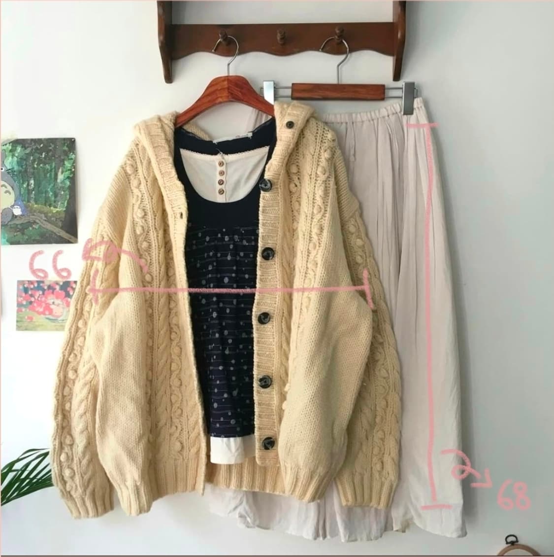 [착용샷] 빈티지 모리걸 코디세트 아이보리 후드 니트가디건 상품이미지7