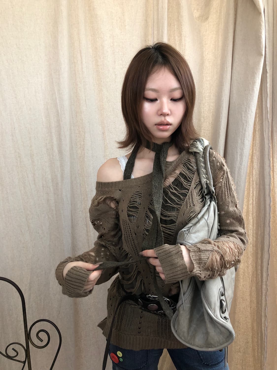 SLY 카키 그런지 디스트로이드 니트 상품이미지3