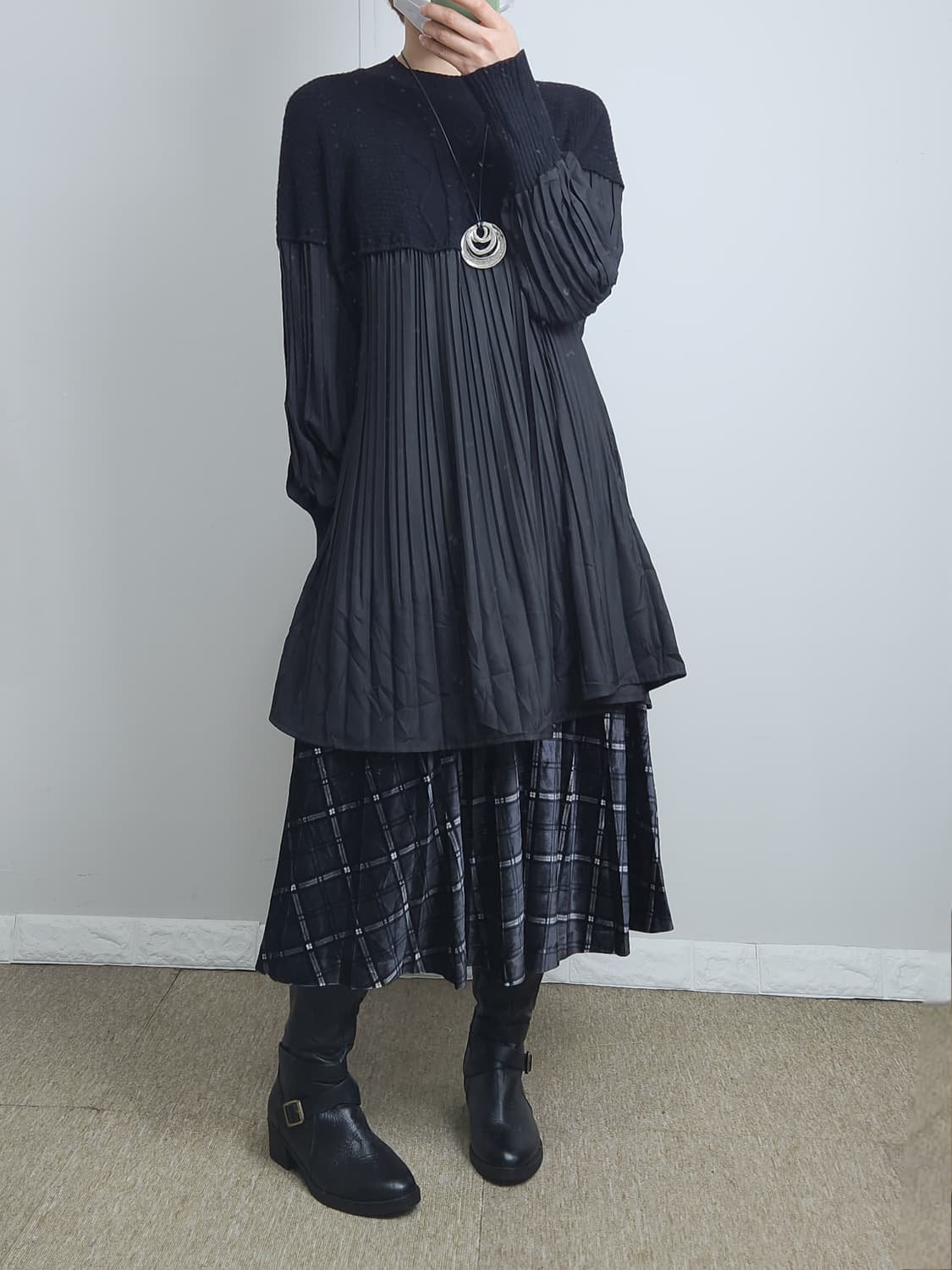 벨벳 체크 롱 스커트 상품이미지2