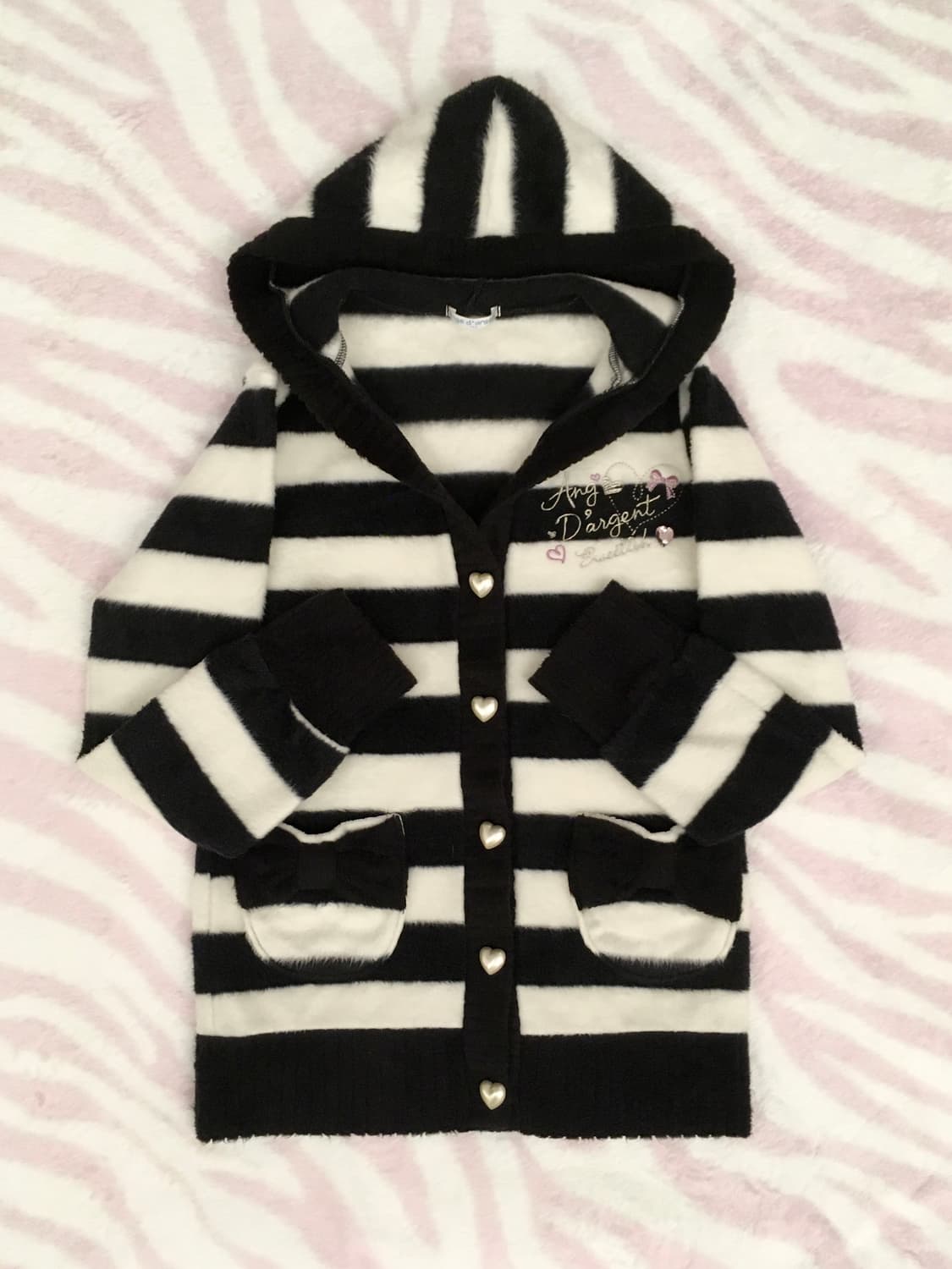 블랙 스트라이프 퍼 후드 가디건 하트쥬얼버튼 리본포켓 갸루 조지후쿠 상품이미지1