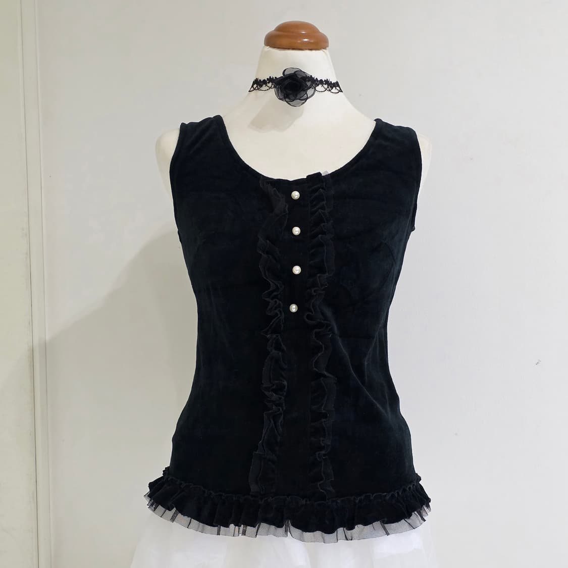 블랙 고딕모리걸 레이스 벨벳 진주버튼 슬리브리스 상품이미지2