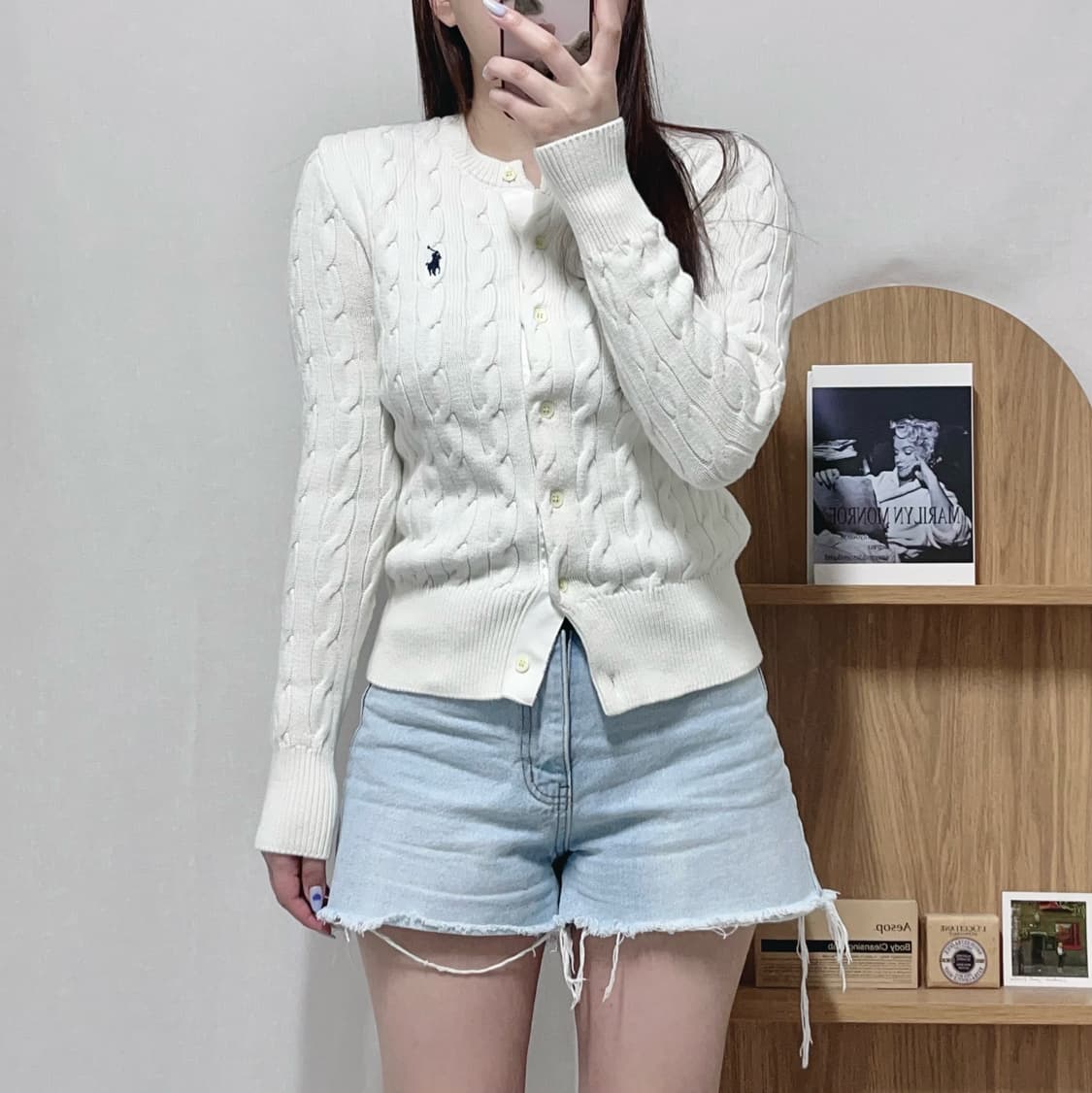 [정품] 폴로 아이보리 / 네이비포니 꽈배기 라운드 도톰 가디건 [ S  상품이미지3