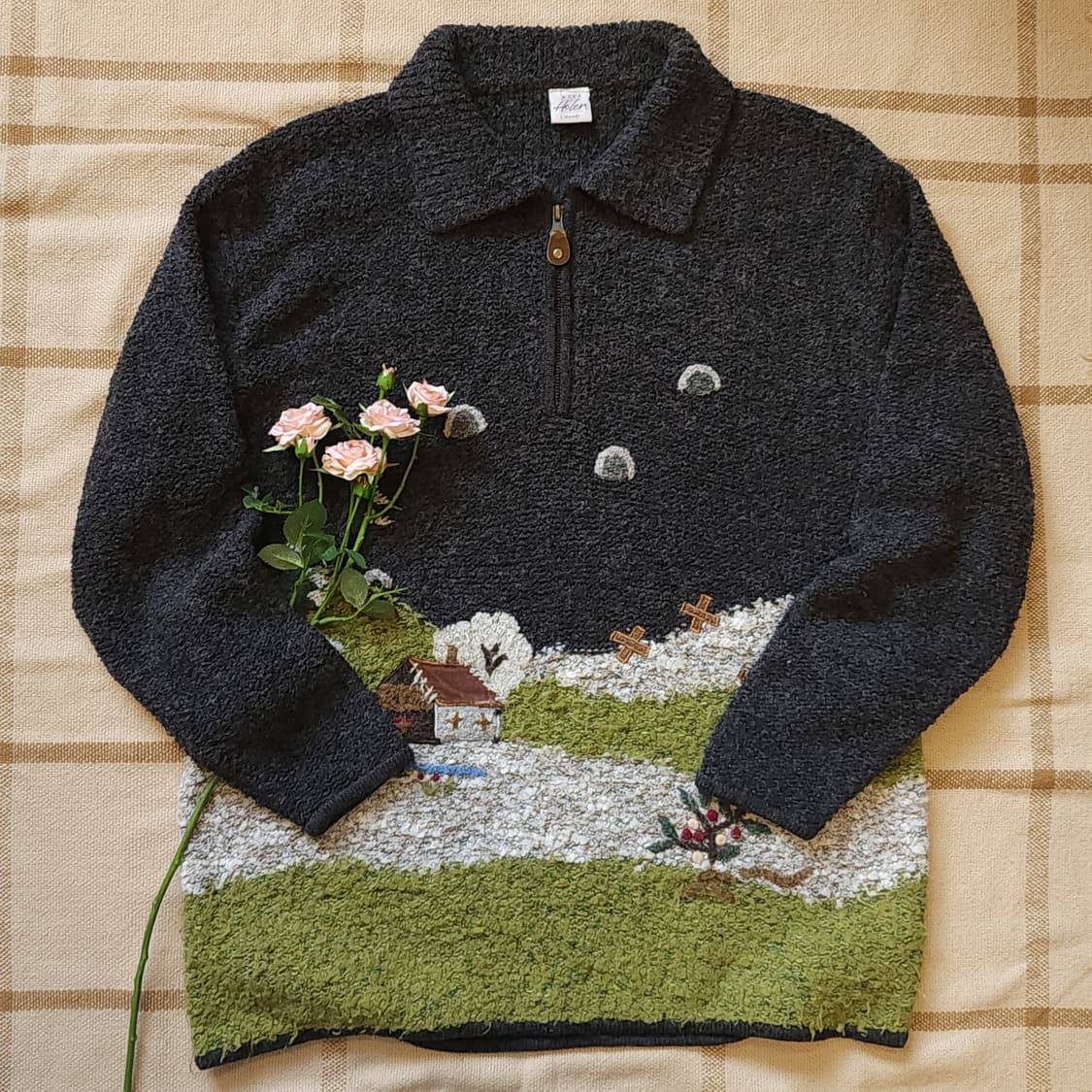 90s 프렌치 핸드메이드 울 니트 컨트리 자수 반집업 니트 L 상품이미지1