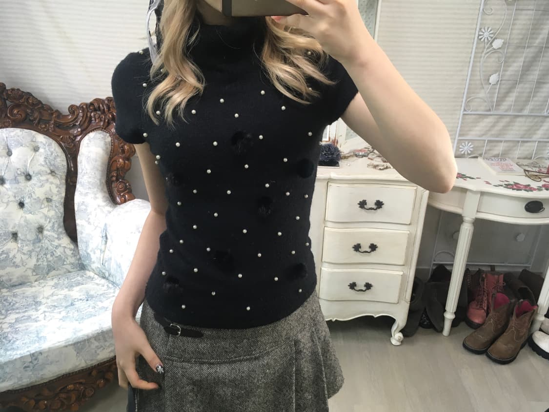 jpn vintage black wool pearl half knit 상품이미지1