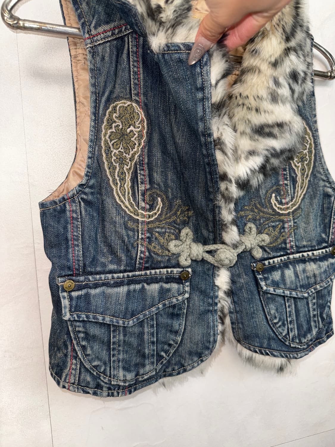 Washing denim oriental leopard fur vest 상품이미지2