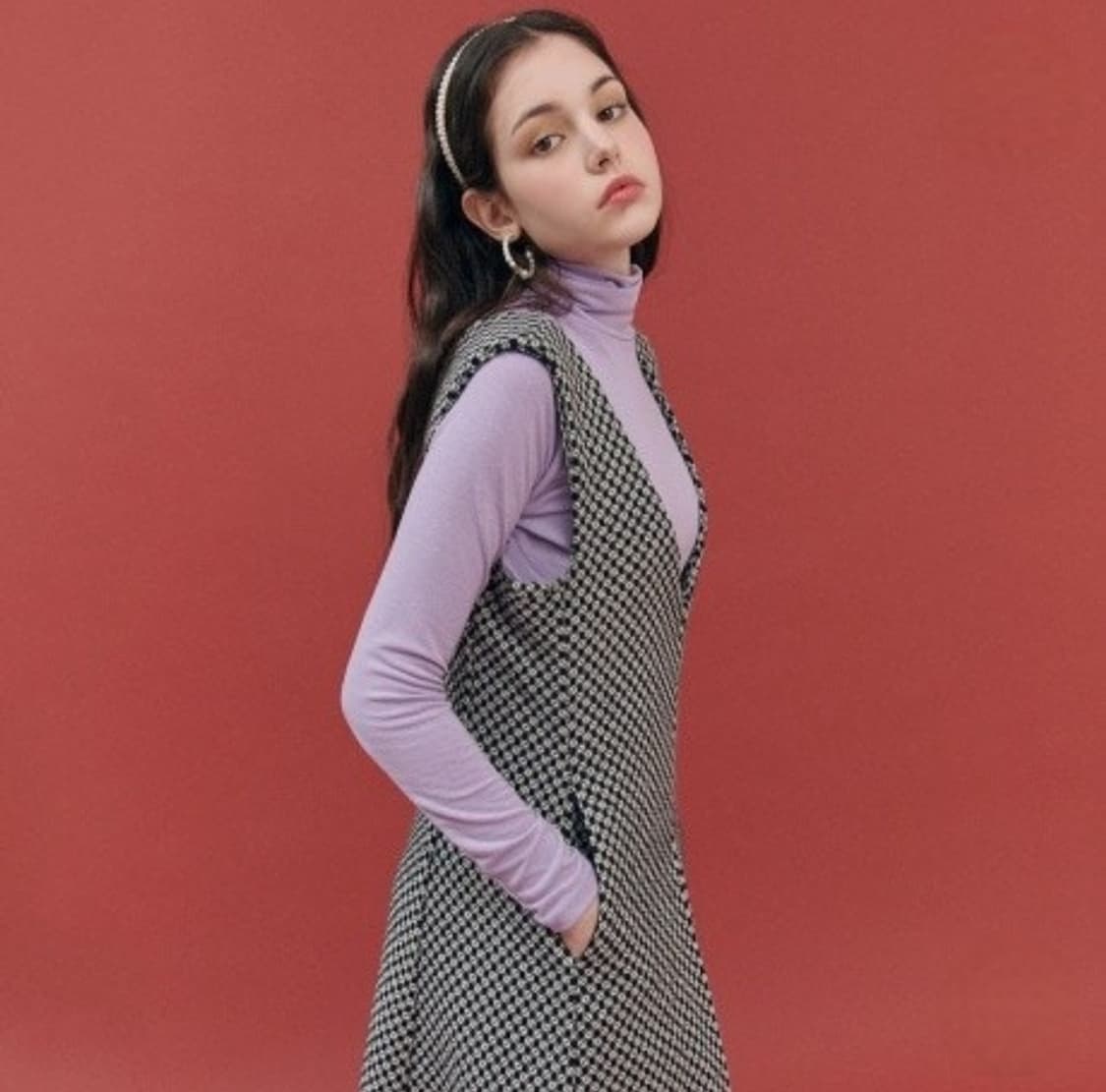 제로스트릿 브이넥 핀턱 트위드 원피스 상품이미지1