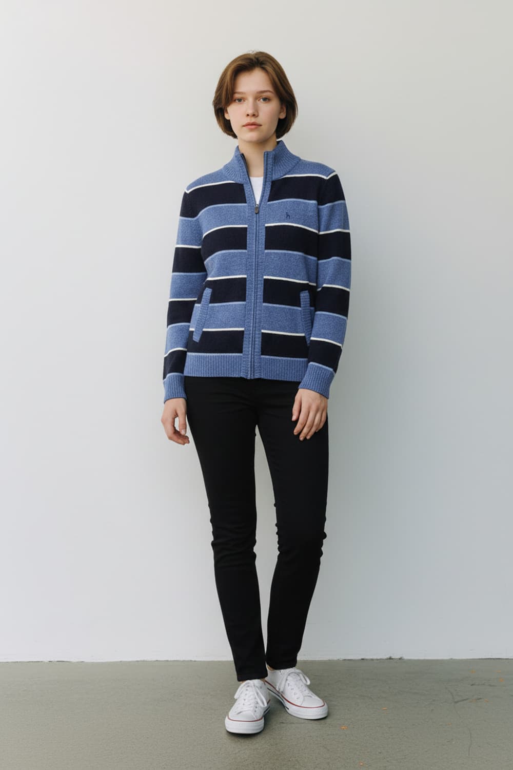 [95] 헤지스 블랙&블루 스트라이프 울 집업 가디건 상품이미지3