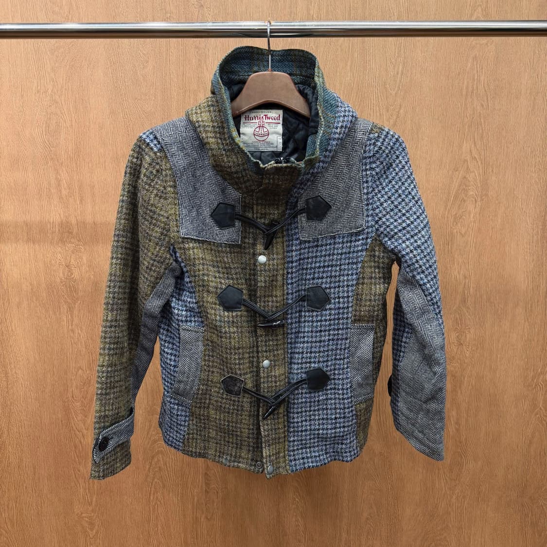 해리스 트위드 울 더플 코트 패치워크 퀄팅 안감 후드 디테일 블루 카키 상품이미지2