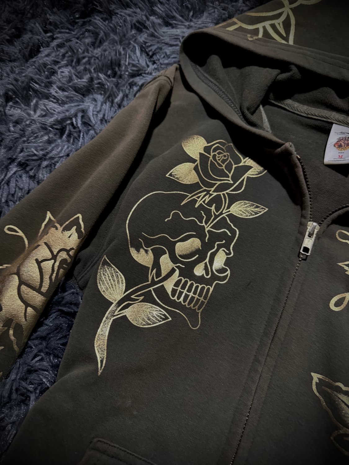 Ed Hardy 카키 올드스쿨 장미 프린팅 큐빅 디테일 후드집업 상품이미지5